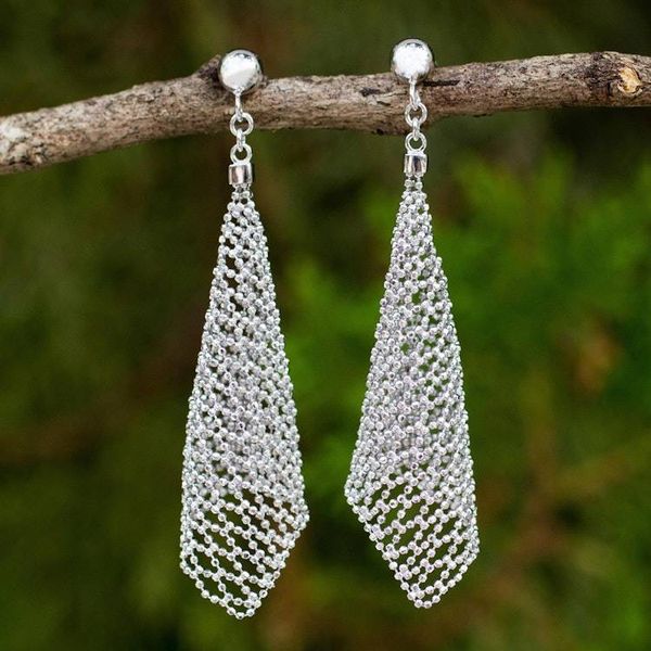 Alternate image for Hand Crafted Sterling Silver Bead Chain Dangle Earrings Sparkling Cornets