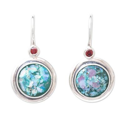 Alternate image for Round Garnet and Roman Glass Drop Earrings from Thailand Roman Circles
