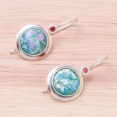 Alternate image for Round Garnet and Roman Glass Drop Earrings from Thailand Roman Circles