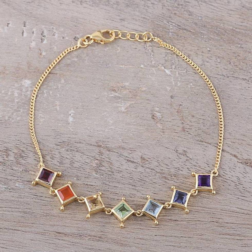 22k Gold Plated Multi-Gemstone Chakra Link Bracelet 'Wellness'