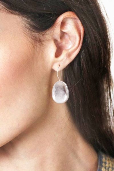 Alternate image for Oval-Shaped Matte-Finished 950 Silver Drop Earrings Geometric Oval Charm