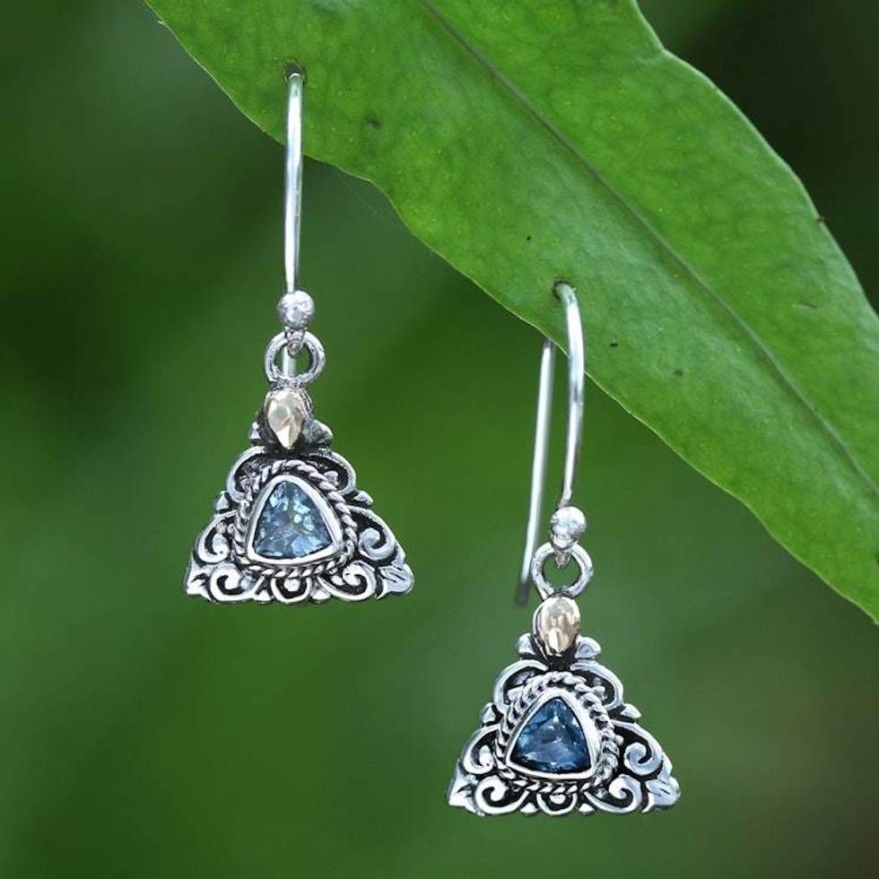 Gold-Accented Blue Topaz Silver Triangular Dangle Earrings 'Blooming Triangle'