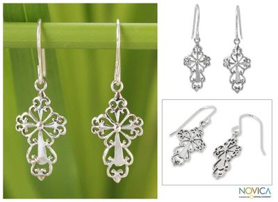 Alternate image for Sterling Silver Religious Dangle Earrings Ornate Cross