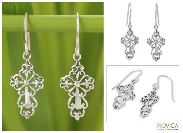 Alternate image for Sterling Silver Religious Dangle Earrings Ornate Cross
