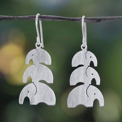 Alternate image for Brushed Sterling Silver Dangle Earrings from Thailand Elephant Love