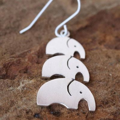 Alternate image for Brushed Sterling Silver Dangle Earrings from Thailand Elephant Love
