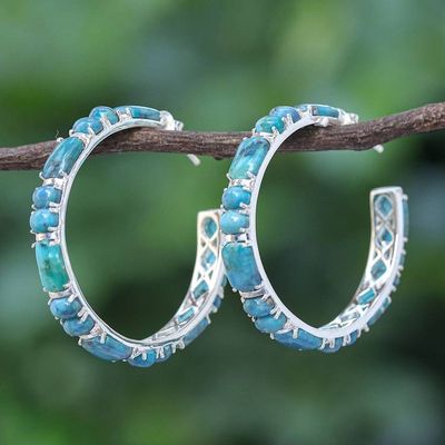 Alternate image for Natural Turquoise Half Hoop Earrings with Sterling Silver Blue Cascade