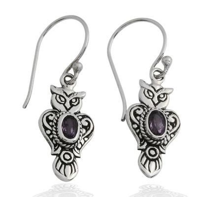 Alternate image for Owl-Shaped Textured Amethyst Sterling Silver Dangle Earrings Purple Owl