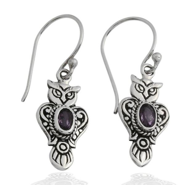 Alternate image for Owl-Shaped Textured Amethyst Sterling Silver Dangle Earrings Purple Owl