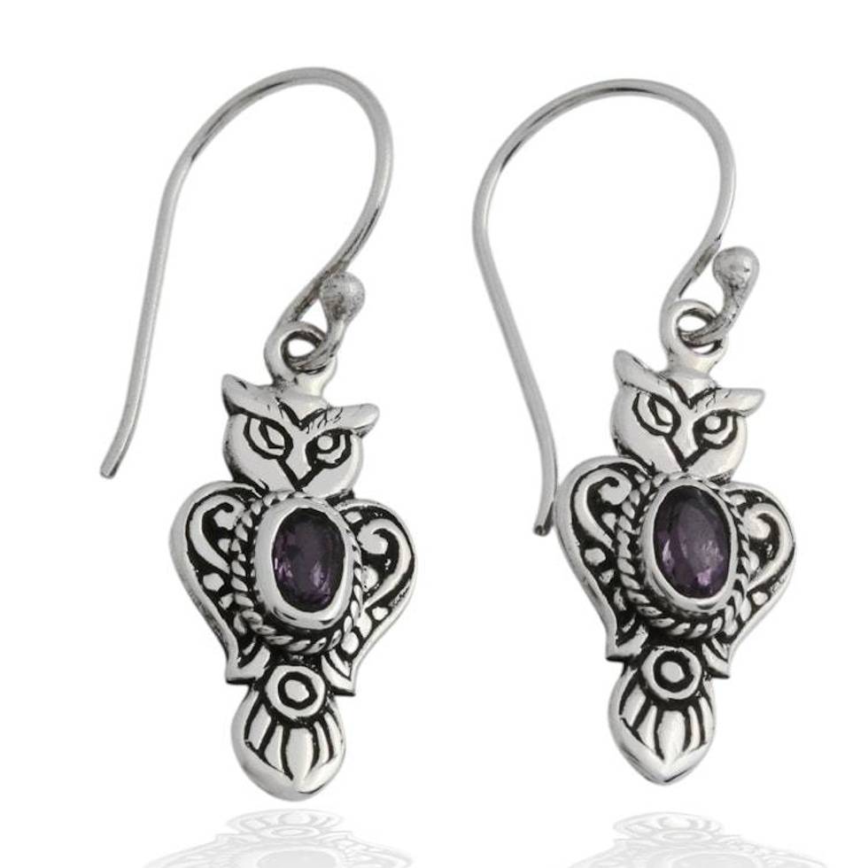 Owl-Shaped Textured Amethyst Sterling Silver Dangle Earrings 'Purple Owl'