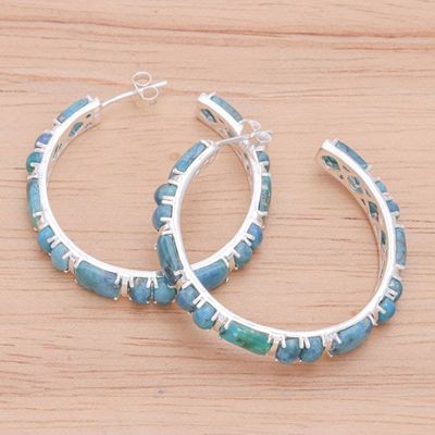 Alternate image for Natural Turquoise Half Hoop Earrings with Sterling Silver Blue Cascade