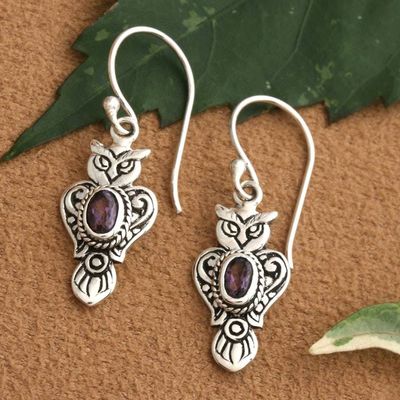 Alternate image for Owl-Shaped Textured Amethyst Sterling Silver Dangle Earrings Purple Owl