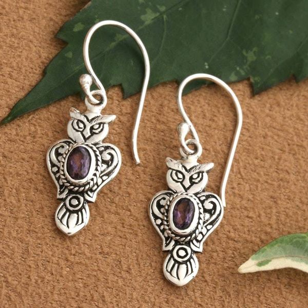 Alternate image for Owl-Shaped Textured Amethyst Sterling Silver Dangle Earrings Purple Owl