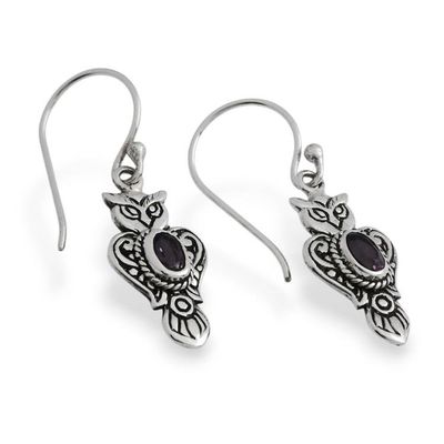 Alternate image for Owl-Shaped Textured Amethyst Sterling Silver Dangle Earrings Purple Owl