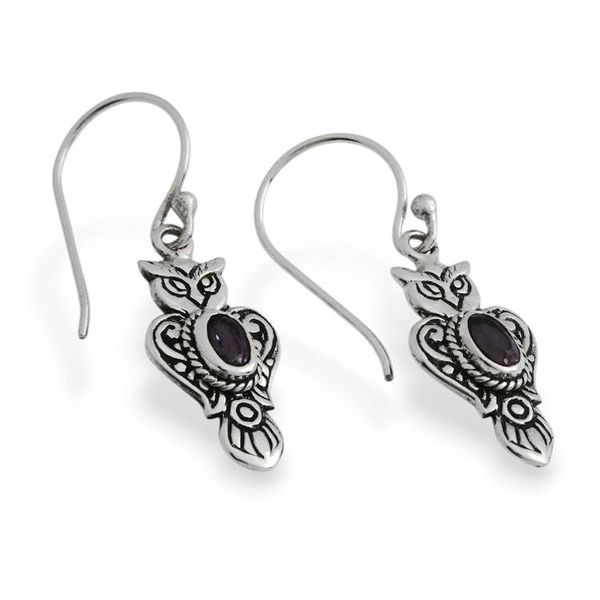 Alternate image for Owl-Shaped Textured Amethyst Sterling Silver Dangle Earrings Purple Owl