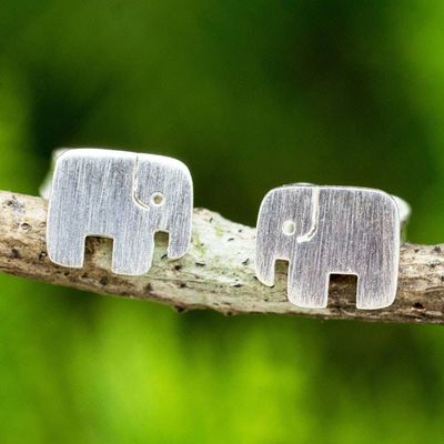 Alternate image for Hand Crafted Elephant Stud Earrings in Brushed Silver Elephant Couple