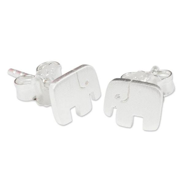 Alternate image for Hand Crafted Elephant Stud Earrings in Brushed Silver Elephant Couple