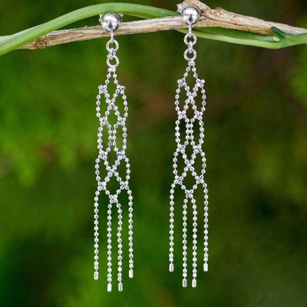 Waterfall Earrings Crafted from Sterling 925 Ball Chain 'Thai Macrame'