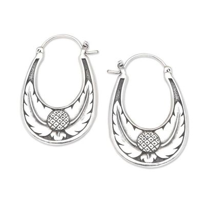 Alternate image for Balinese Silversmith Crafted Sterling Silver Hoop Earrings Feather Branch