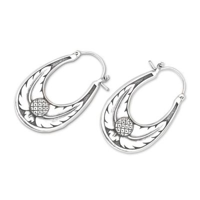 Alternate image for Balinese Silversmith Crafted Sterling Silver Hoop Earrings Feather Branch