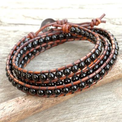Alternate image for Onyx and Leather Wrap Bracelet with Hill Tribe Silver Clasp Surin Night