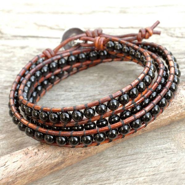 Alternate image for Onyx and Leather Wrap Bracelet with Hill Tribe Silver Clasp Surin Night