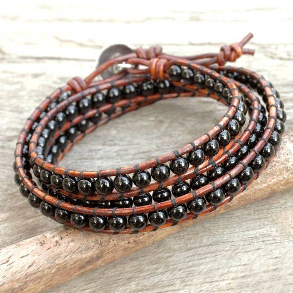Onyx and Leather Wrap Bracelet with Hill Tribe Silver Clasp 'Surin Night'