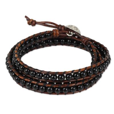 Alternate image for Onyx and Leather Wrap Bracelet with Hill Tribe Silver Clasp Surin Night