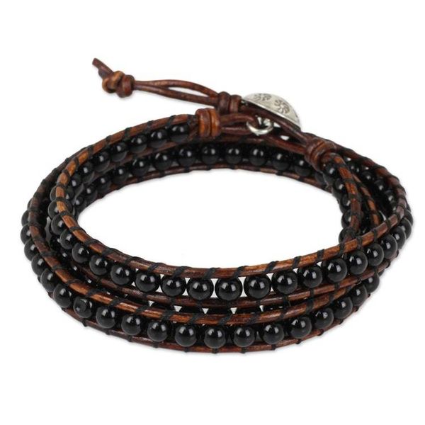 Alternate image for Onyx and Leather Wrap Bracelet with Hill Tribe Silver Clasp Surin Night