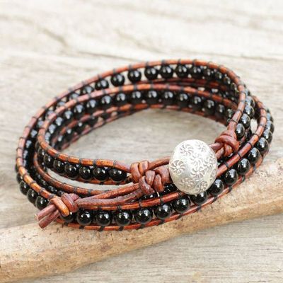 Alternate image for Onyx and Leather Wrap Bracelet with Hill Tribe Silver Clasp Surin Night