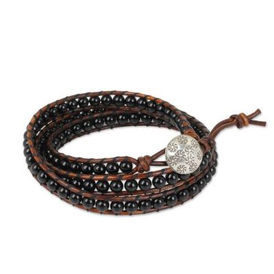 Alternate image for Onyx and Leather Wrap Bracelet with Hill Tribe Silver Clasp Surin Night