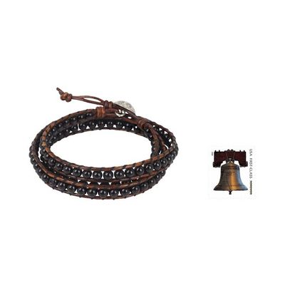 Alternate image for Onyx and Leather Wrap Bracelet with Hill Tribe Silver Clasp Surin Night