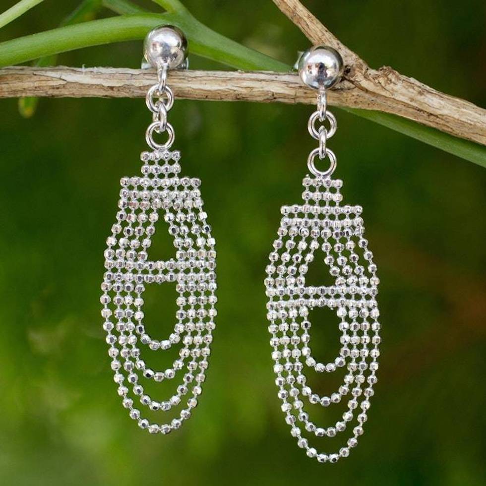 Unique Sterling Silver Earrings Crafted from Ball Chain 'Ethereal Chandelier'
