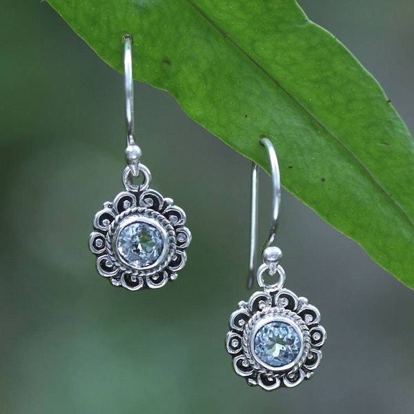 Alternate image for Floral-Inspired Silver Dangle Earrings with Blue Topaz Gems Azure Morning Flower