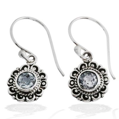 Alternate image for Floral-Inspired Silver Dangle Earrings with Blue Topaz Gems Azure Morning Flower