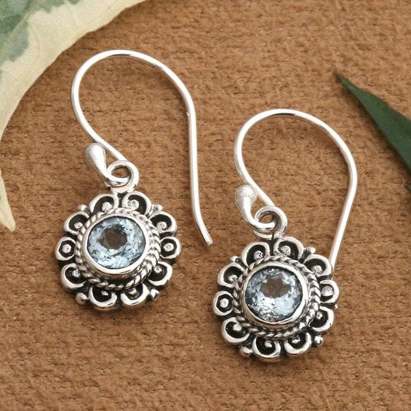 Alternate image for Floral-Inspired Silver Dangle Earrings with Blue Topaz Gems Azure Morning Flower