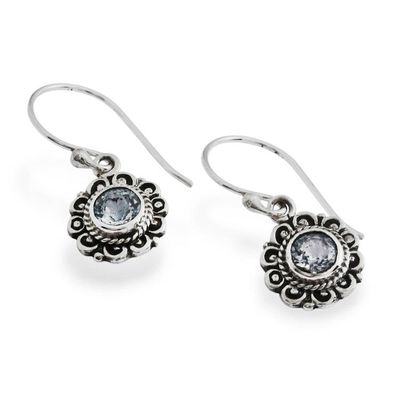 Alternate image for Floral-Inspired Silver Dangle Earrings with Blue Topaz Gems Azure Morning Flower