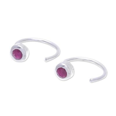 Alternate image for Petite Thai Sterling Silver Half Hoop Earrings with Ruby Back to Front