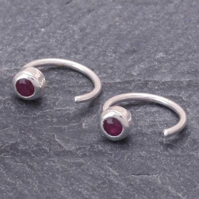 Alternate image for Petite Thai Sterling Silver Half Hoop Earrings with Ruby Back to Front