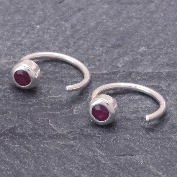 Alternate image for Petite Thai Sterling Silver Half Hoop Earrings with Ruby Back to Front