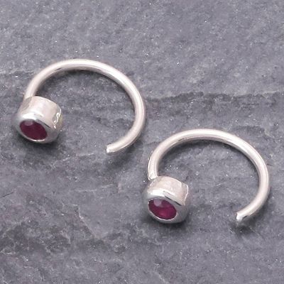 Alternate image for Petite Thai Sterling Silver Half Hoop Earrings with Ruby Back to Front