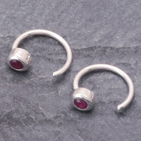 Alternate image for Petite Thai Sterling Silver Half Hoop Earrings with Ruby Back to Front