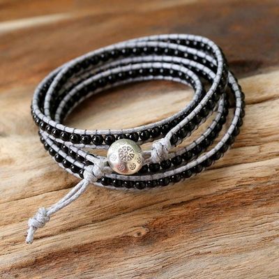 Alternate image for Artisan Crafted Leather and Agate Bracelet from Thailand Nocturnal Mystique