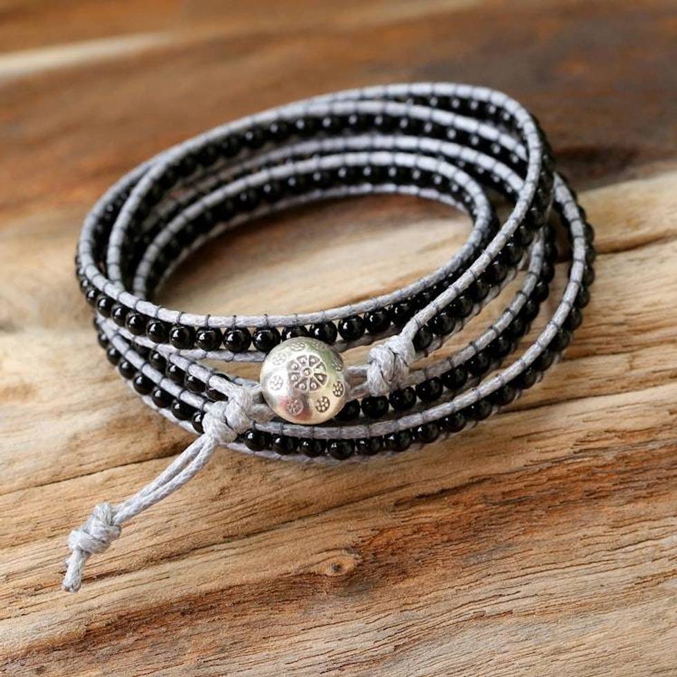 Artisan Crafted Leather and Agate Bracelet from Thailand 'Nocturnal Mystique'