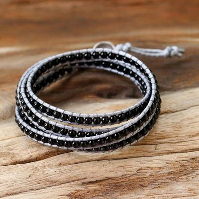 Alternate image for Artisan Crafted Leather and Agate Bracelet from Thailand Nocturnal Mystique