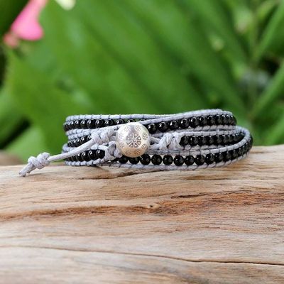 Alternate image for Artisan Crafted Leather and Agate Bracelet from Thailand Nocturnal Mystique