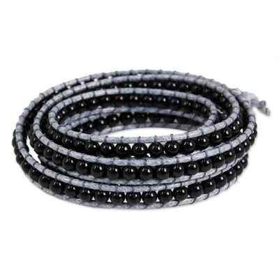 Alternate image for Artisan Crafted Leather and Agate Bracelet from Thailand Nocturnal Mystique