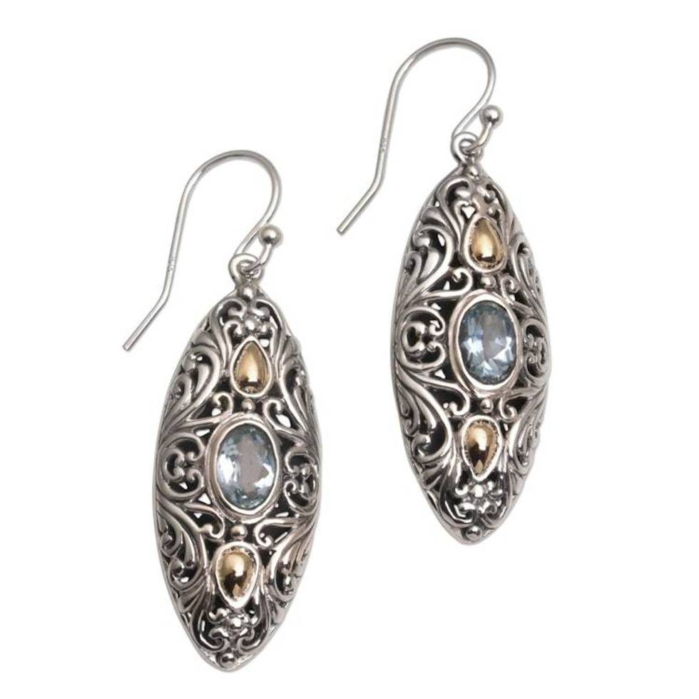 18k Gold Accent Blue Topaz Dangle Earrings form Bali 'Shields of Vines'