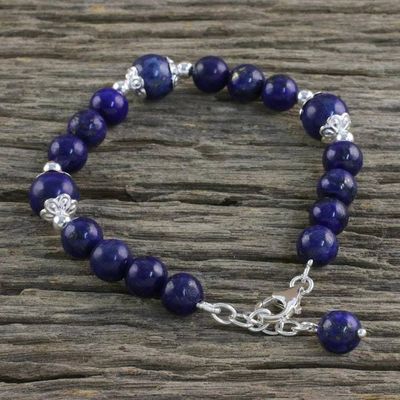 Alternate image for Thai Lapis Lazuli and Sterling Silver Beaded Bracelet Floral Deep
