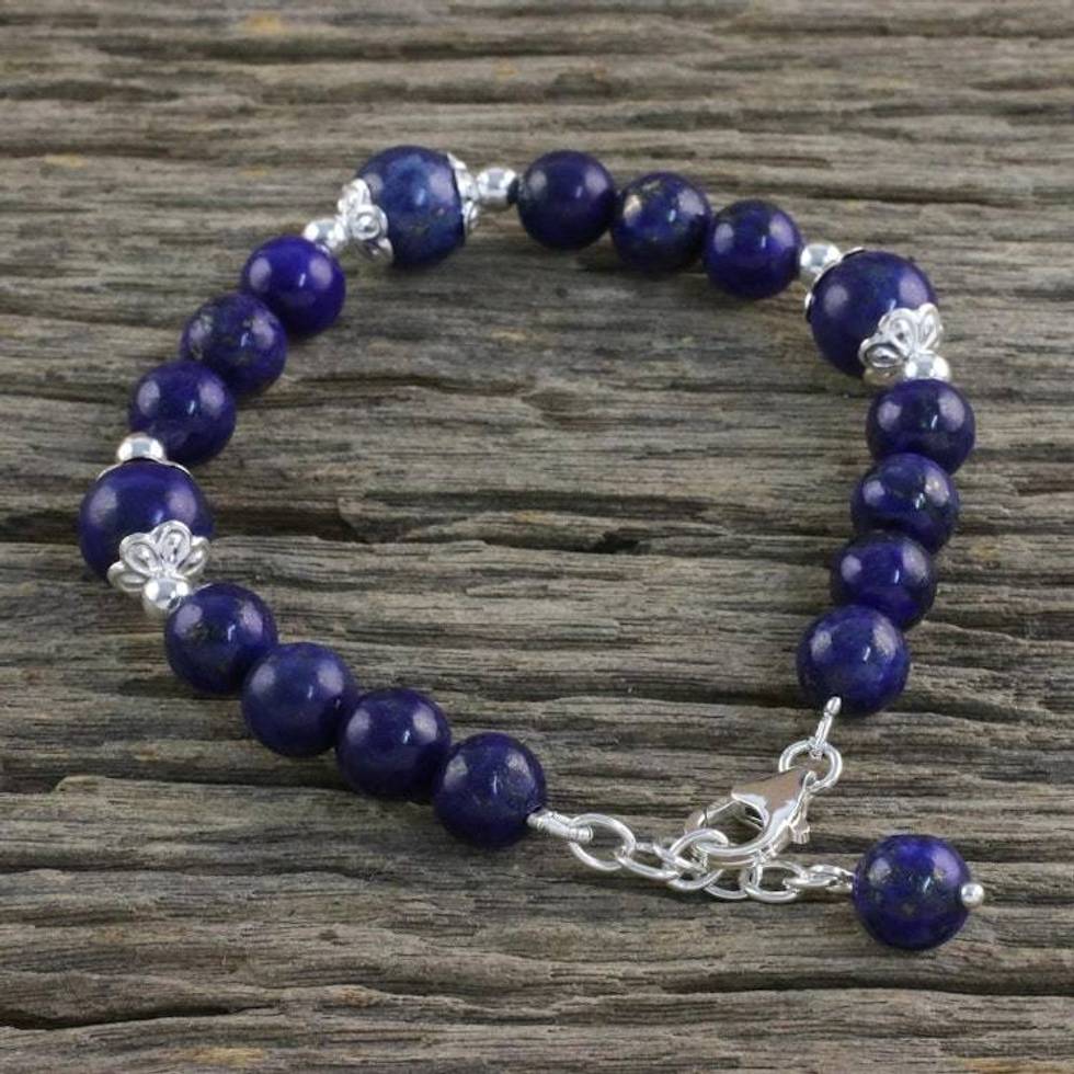Thai Lapis Lazuli and Sterling Silver Beaded Bracelet 'Floral Deep'